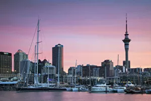Images Dated 27th February 2014: Viaduct Harbour and Sky Tower at sunset, Auckland, North Island, New Zealand