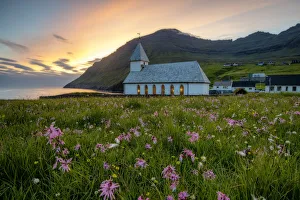 Faroese Prints: Vidareidi village, Vidoy island, Faroe Islands, Denmark. Villages church at sunset