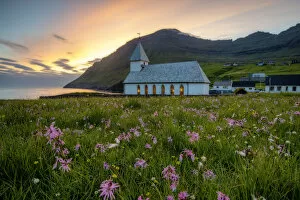 Images Dated 5th August 2016: Vidareidi village, Vidoy island, Faroe Islands, Denmark. Villages church at sunset