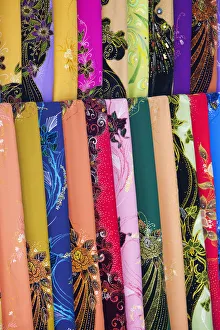Images Dated 30th March 2011: Vietnam, Hanoi, Dong Xuan Market, Material and Fabric Shop Display