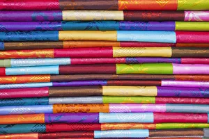 Images Dated 30th March 2011: Vietnam, Hanoi, Dong Xuan Market, Material and Fabric Shop Display