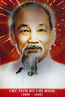 Vietnam Gallery: Vietnam, Hanoi, Illuminated Portrait of Ho Chi Minh
