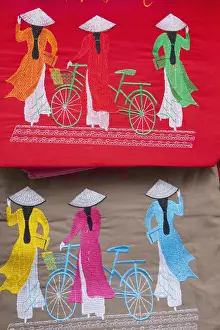 Conical Hats Prints: Vietnam, Hanoi, Needlework on Souvenir Handbag depicting Women in Traditional Ao-dai