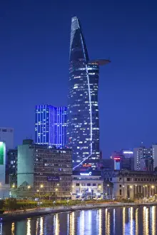 Hcmc Prints: Vietnam, Ho Chi Minh City, city view with Bitexco Tower along the Ben Nghe Canal, dusk