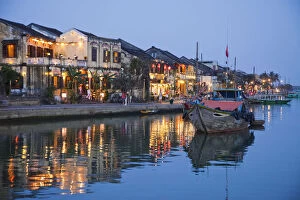 Vietnam, Hoi An, Evening View of Town Skyline and Hoai River