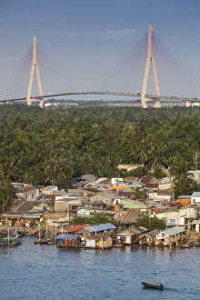 Vietnam, Mekong Delta, Can Tho, Can Tho Bridge, elevated view, sunset