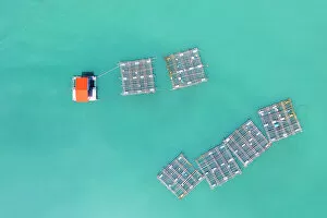 Images Dated 7th February 2023: Vietnam, Phu Yen, an aerial view of rafts used for fishing, float in a lagoon near Phu Yen