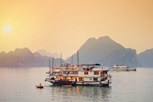 Vietnam, Quang Ninh province, Halong Bay, tourist houseboats on Halong Bay