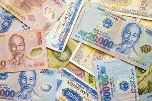 Wealth Gallery: Vietnamese Dong currency, various denominations of paper banknotes, money