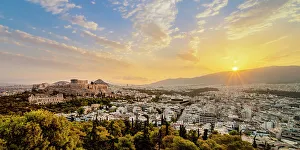 Parthenon Prints: View towards Acropolis at sunrise, Athens, Attica, Greece