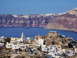 Orthodox Prints: View towards the Akrotiri Village, Santorini or Thira Island, Cyclades, Greece
