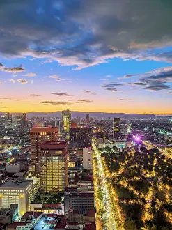 Central Park Prints: View over Alameda Central towards High-rise buildings of Paseo de la Reforma at dusk