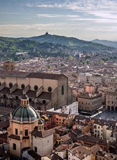 Central Square Prints: View from Asinelli Tower towards Basilica of San Petronio, Bologna, Emilia-Romagna, Italy