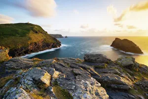 Boscastle Prints: A view of Atlantic Ocean from Boscastle Cliffs at sunset