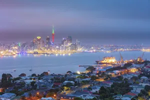 Seaport Prints: View of Auckland city from Mount Victoria by night, North Island, New Zealand