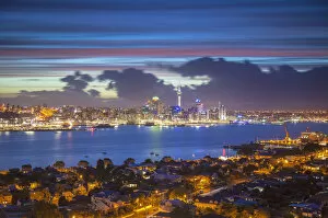 View of Auckland and Devonport at dusk, Auckland, North Island, New Zealand
