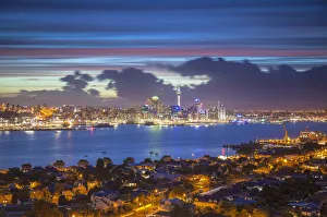 View of Auckland and Devonport at dusk, Auckland, North Island, New Zealand View of Auckland and Devonport at dusk, Auckland, North Island, New Zealand