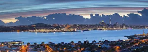 Waitemata Harbour Prints: View of Auckland and Devonport at sunset, Auckland, North Island, New Zealand