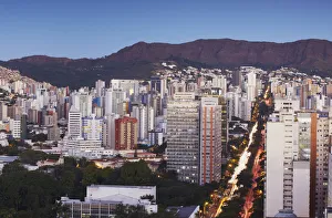 View of Avenida Afonso Pena and city skyline at dusk, Belo Horizonte, Minas Gerais