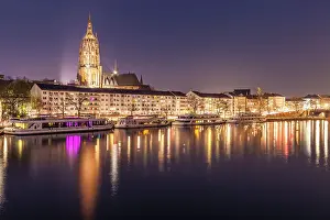 Frankfurt Prints: View of the banks of the river Main and the Kaiserdom from the bridge Eiserner Steg in the evening