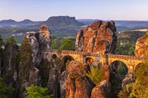 Images Dated 11th May 2021: View over the Bastei bridge to the Lilienstein, Elbe Sandstone Mountains