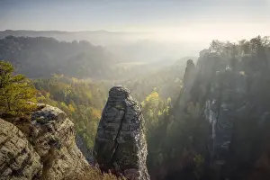East Germany Prints: View from the Bastei rock into the Wehlgrund, Elbe Sandstone Mountains