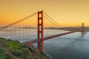 Suspension Bridge Collection: View from Battery Spencer over the Golden Gate suspension bridge with city skyline