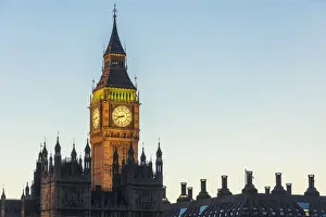 Elizabeth Tower Prints: View of Big Ben and Westminster Palace illuminated at night time London United Kingdom
