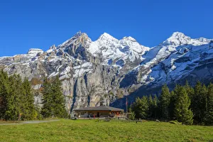 Schweizerisch Prints: View on Blumlisalp mountain range with Lager hut, Kandersteg, Berner Oberland, Switzerland