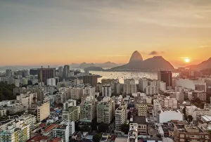 View over Botafogo towards the Sugarloaf Mountain at sunrise, Rio de Janeiro, Brazil