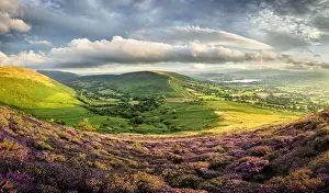 Powys Prints: View over the Brecons Beacons, Llangorse Lake and Cwm Sorgwm from Mynydd Troed in