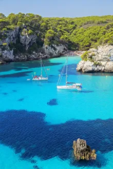 Transparent Prints: View of Cala Macarelleta and sailboats, Menorca; Balearic Islands; Spain; Europe