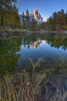 Valle Daosta Prints: A view of Cervino and Blue lake at sunset during autumn, Breuil-Cervinia, Aosta