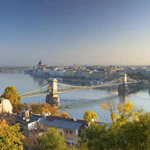 Chain Bridge Prints: View of Chain Bridge (Szechenyi Bridge) and River Danube, Budapest, Hungary