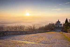 Varese District Prints: View of the last chapel of the Sacro Monte di Varese with the fog on the Pianura Padana