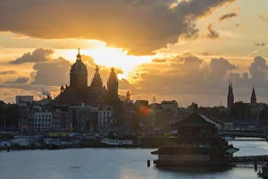 View of Church of St Nicholas and Oosterdok (East Dock), Amsterdam, Netherlands