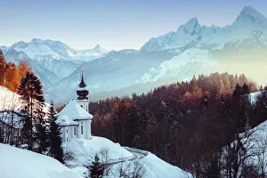 Images Dated 16th April 2019: View of the church of Wallfahrtskirche Maria Gerna at sunset in winter sorrounded