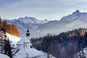 Images Dated 16th April 2019: View of the church of Wallfahrtskirche Maria Gerna at sunset in winter sorrounded