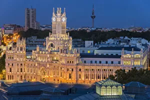 Marble Gallery: Top view of Cibeles Palace by night, Madrid, Comunidad de Madrid, Spain