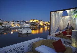 View of City Palace from rooftop restaurant at Lake Pichola Hotel, Udaipur, Rajasthan