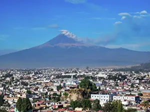 Puebla State Prints: View over the city towards Popocatepetl Volcano, Cholula, Puebla State, Mexico