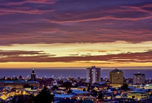 View over city towards Strait of Magellan at sunrise, Punta Arenas, Magallanes Province