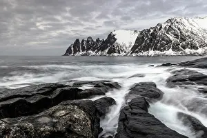 Tungeneset Prints: View along the coastline to the Devil's Teeth (Okshornan Peaks) in winter