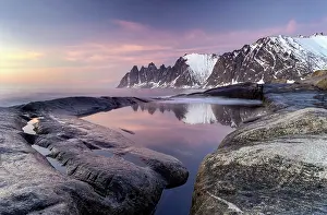 Tungeneset Prints: View along the coastline at dusk towrds the Devil's Teeth (Okshornan Peaks) in winter