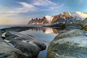 Tungeneset Prints: View along the coastline at sunset towrds the Devil's Teeth (Okshornan Peaks) in winter