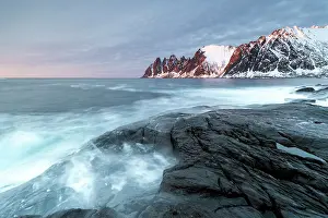 Tungeneset Prints: View along the coastline at sunset towrds the Devil's Teeth (Okshornan Peaks) in winter