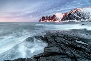 Tungeneset Prints: View along the coastline at sunset towrds the Devil's Teeth (Okshornan Peaks) in winter