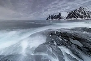 Tungeneset Prints: View along the coastline in winter towrds the Devil's Teeth (Okshornan Peaks)