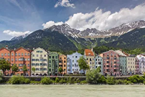View of the colorful buildings along Inn river, Innsbruck, Tyrol, Austria
