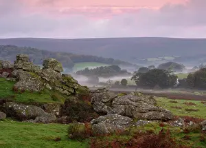 Moors Prints: View from Combestone Tor to mist-filled valley, Dartmoor National Park, Devon, England